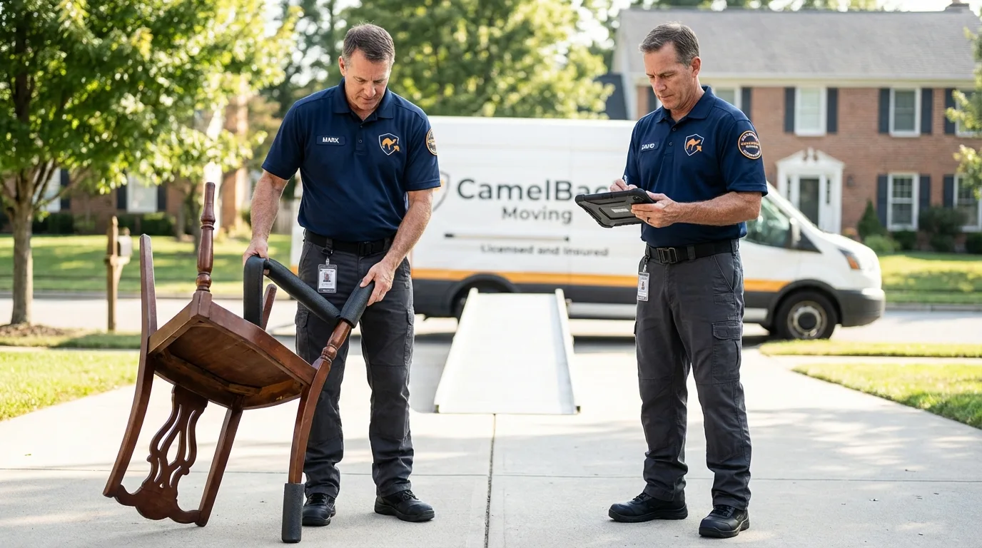 Movers inspecting furniture for damage prevention before loading in Saint George, SC