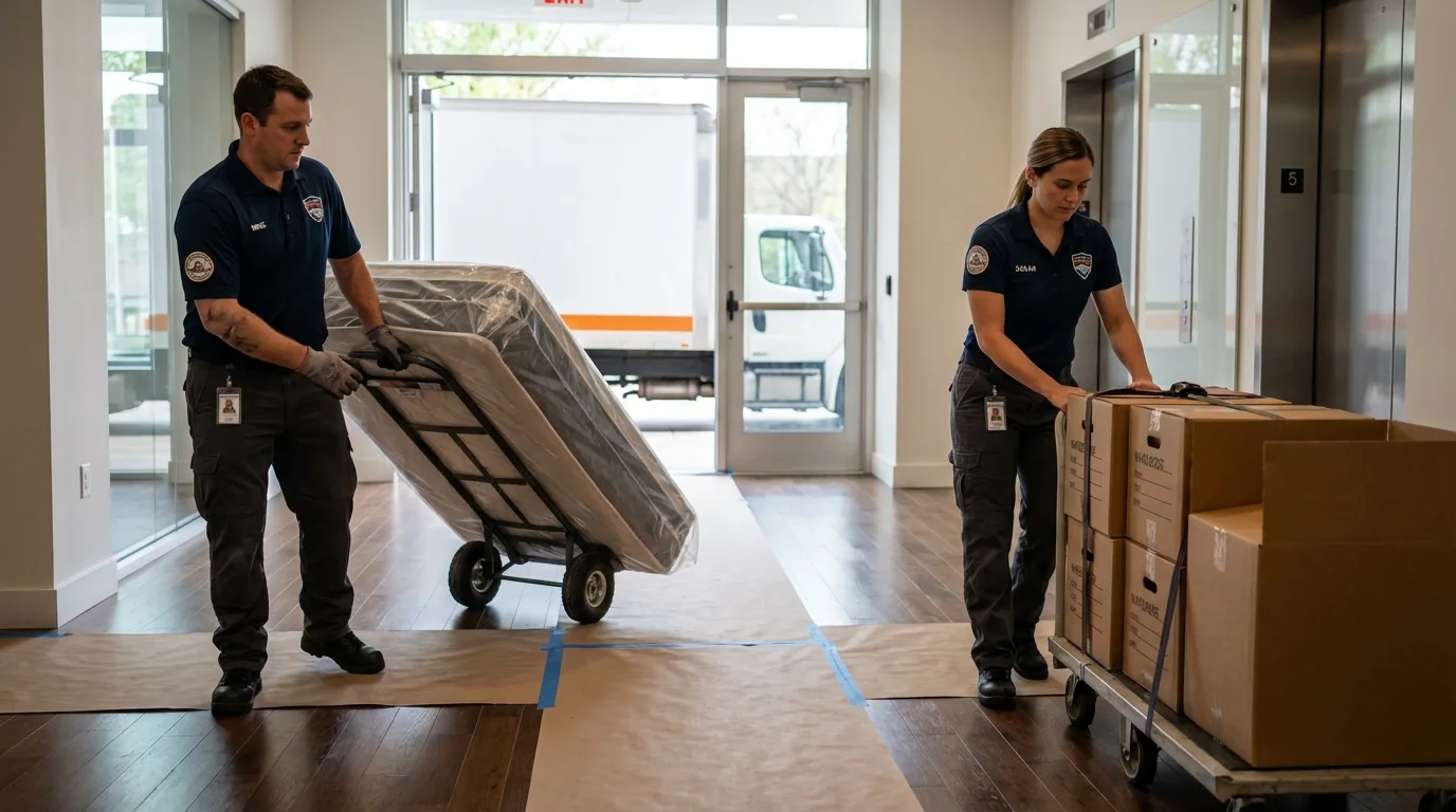 Professional apartment movers loading elevator in Saint George, SC