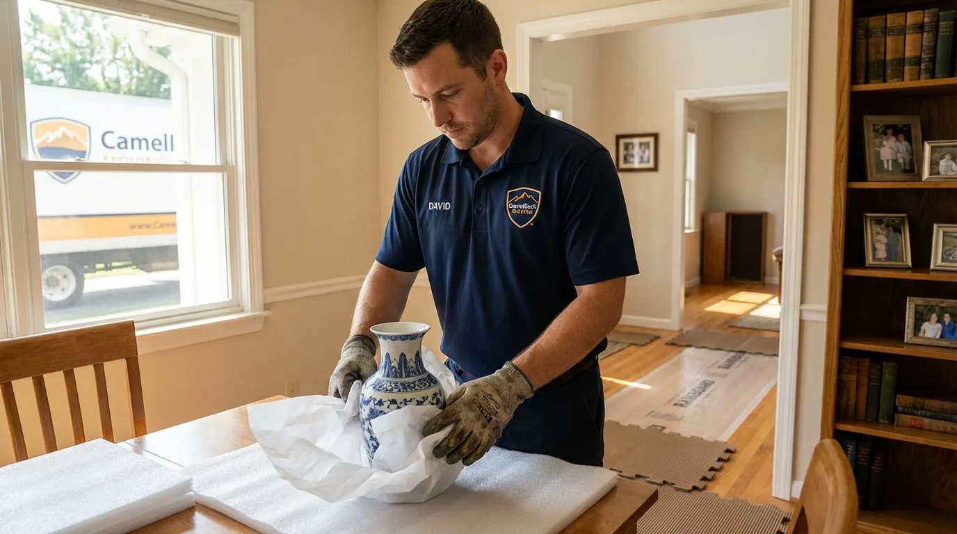 Professional crew carefully wrapping antique vase for senior downsizing move in Saint George, SC